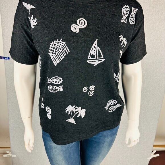 Vintage LA Lights XL Blouse Black Texture Boat Shell Fish Stretch Short Sleeve - Picture 5 of 7